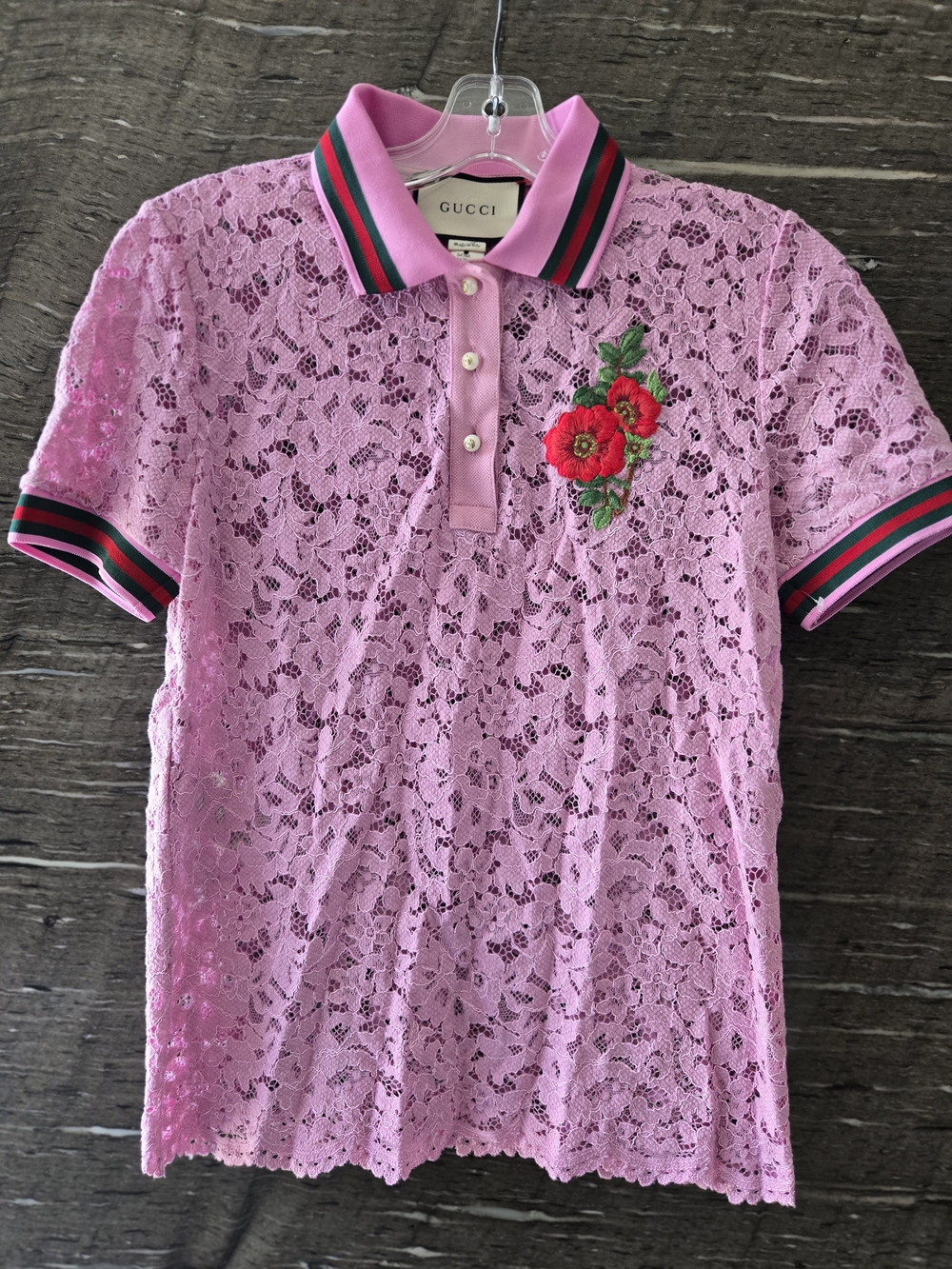 Gucci Girls' Pink Lace Polo Top with Floral Embroidery